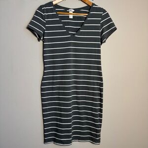 H&M Basic‎ Striped V-Neck Short Sleeve T-Shirt Dress Gray White Medium Casual